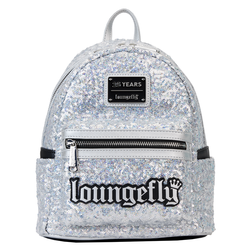 Buy Loungefly 25th Anniversary Logo Holographic Silver Sequin Mini ...
