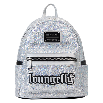 Loungefly 25th Anniversary Logo Holographic Silver Sequin Mini Backpack, Image 1