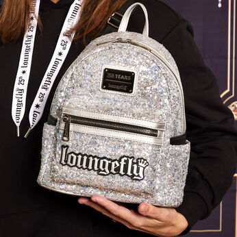 Loungefly 25th Anniversary Logo Holographic Silver Sequin Mini Backpack, Image 2