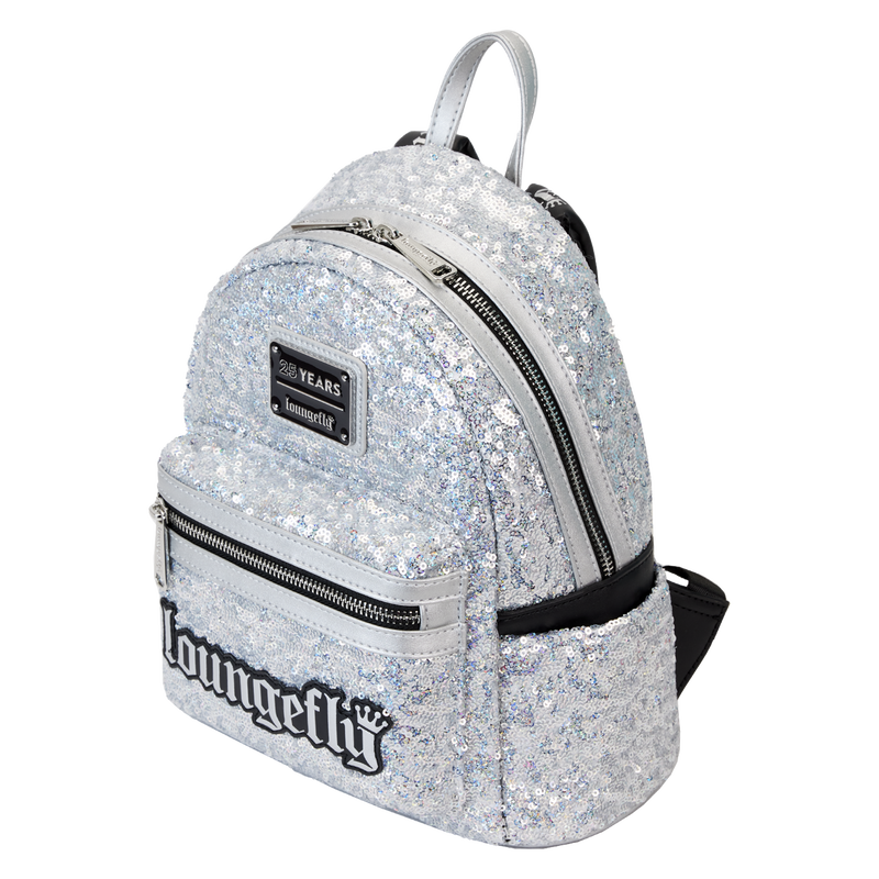 Loungefly 25th Anniversary Logo Holographic Silver Sequin Mini Backpack, , hi-res view 5