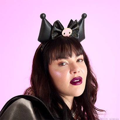 Pink Background featuring model wearing a Kuromi headband