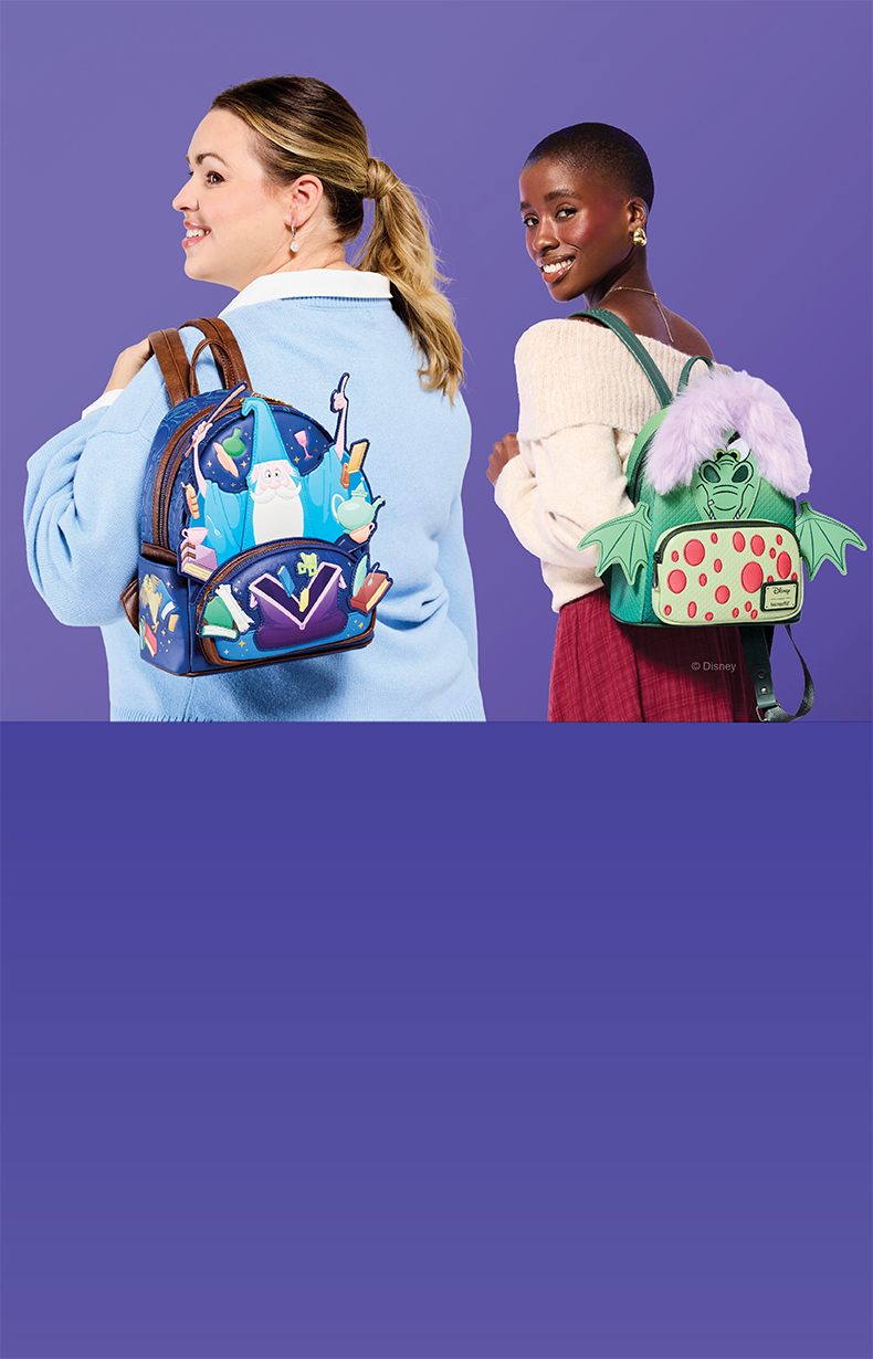 Models wearing Disney The Sword in the Stone Loungefly mini backpacks featuring Merlin and Madam Mim.