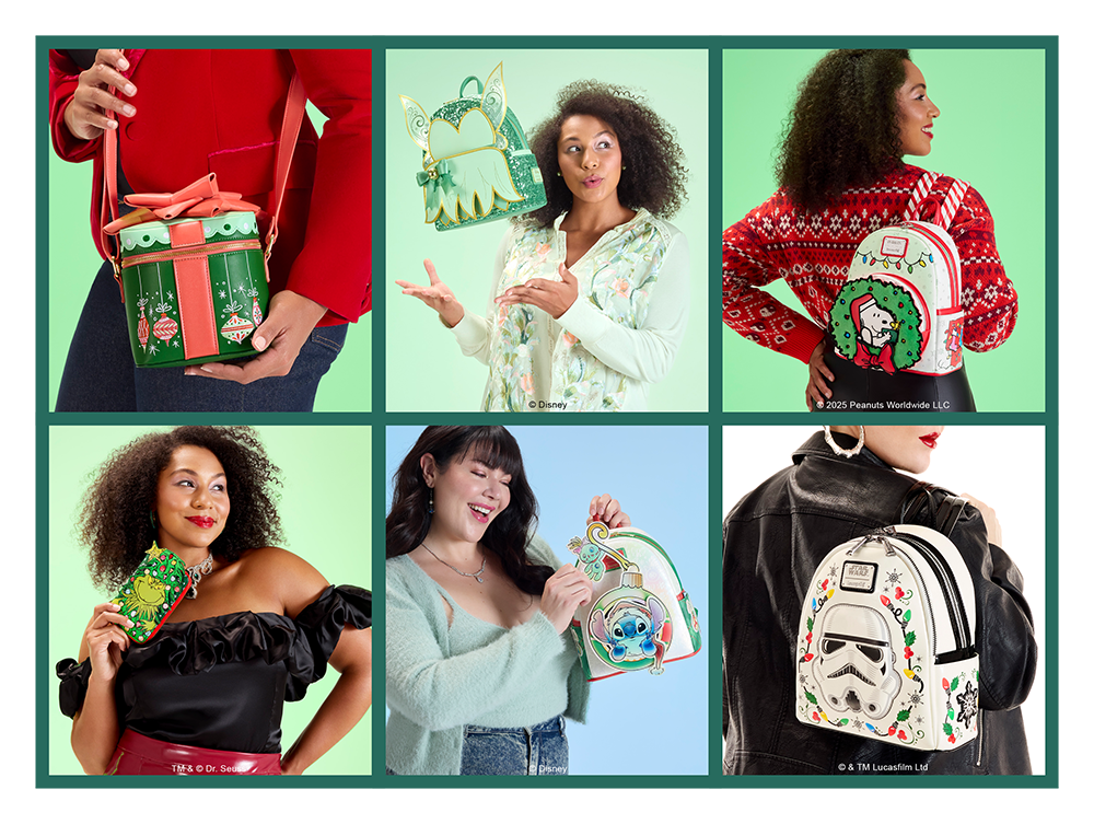 Models wearing a selection of Christmas Loungefly bags