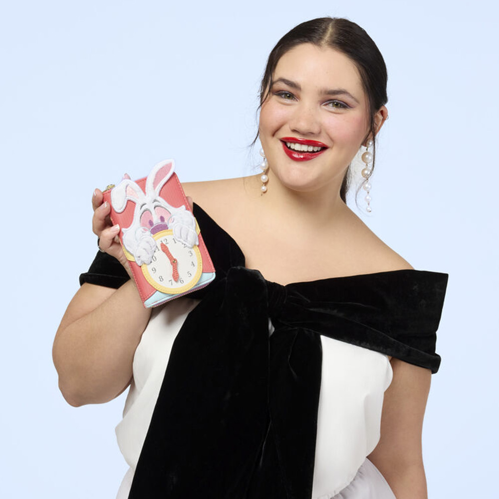 model showcasing Loungefly Alice in Wonderland Wallet