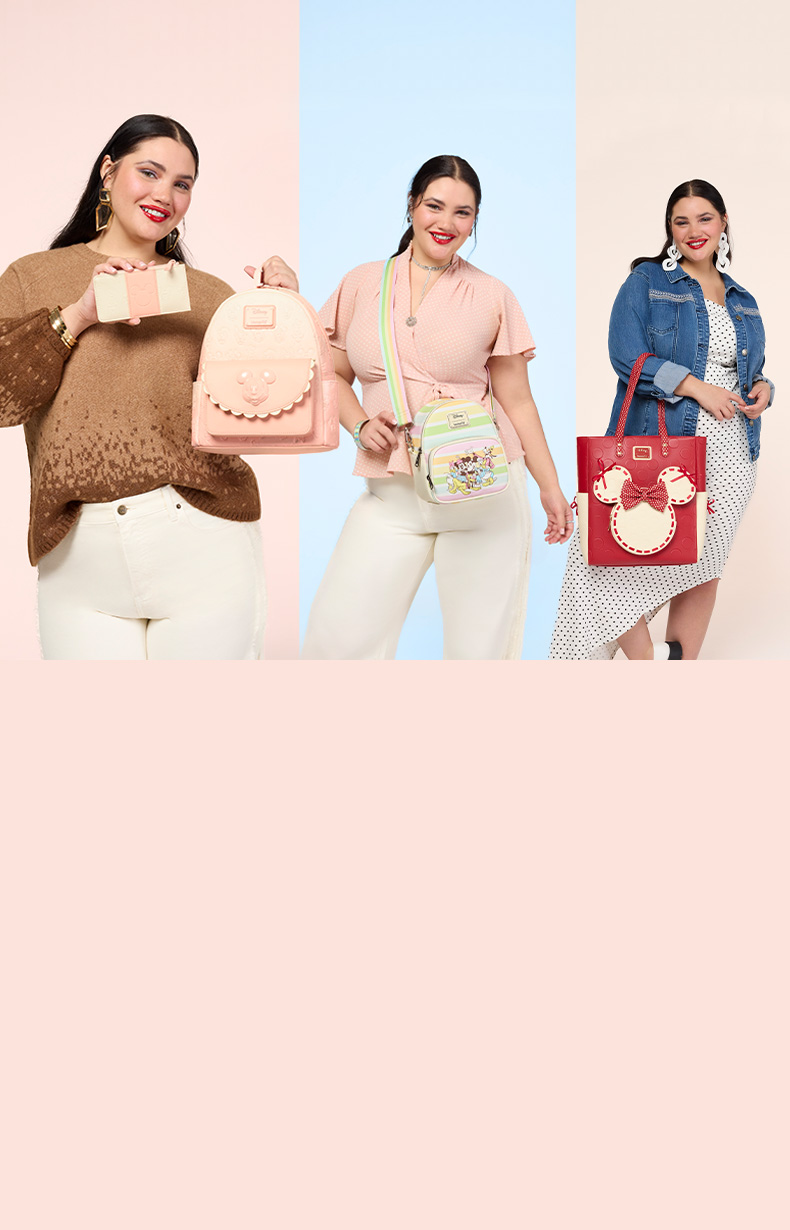 pink background with model holding Mickey and Friends Loungefly accessories