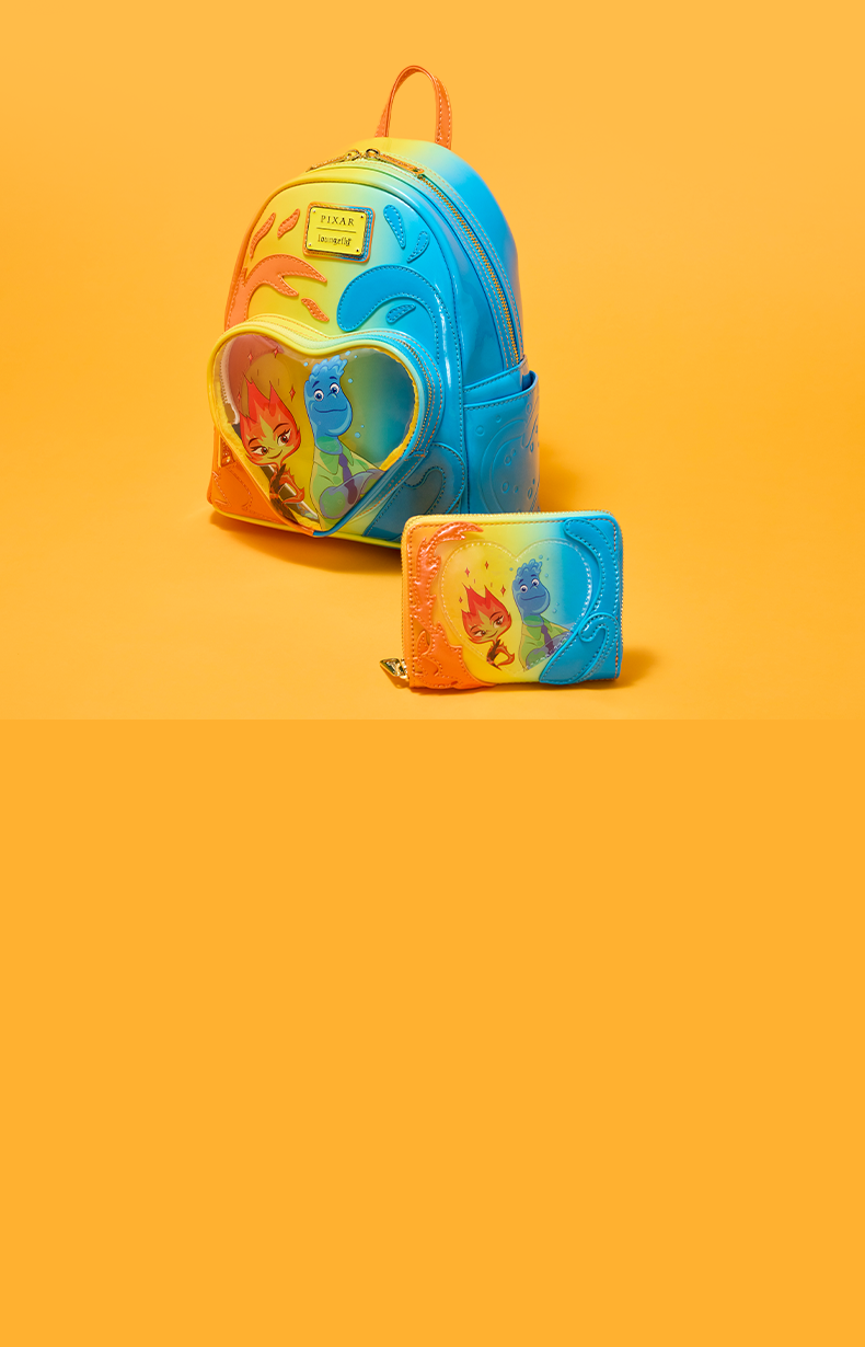 yellow background with Loungefly Elemental backpack and wallet on the right 