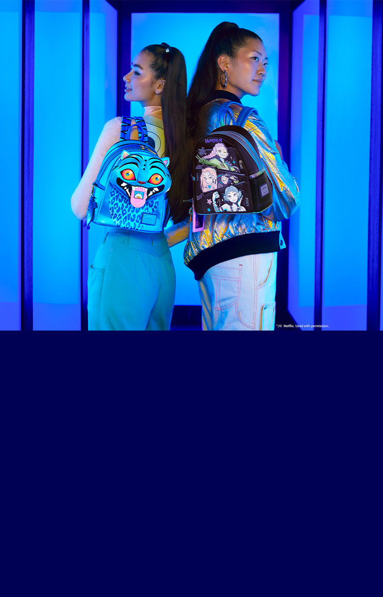 Blue background with models wearing Kpop Demon Hunters Loungefly backpacks