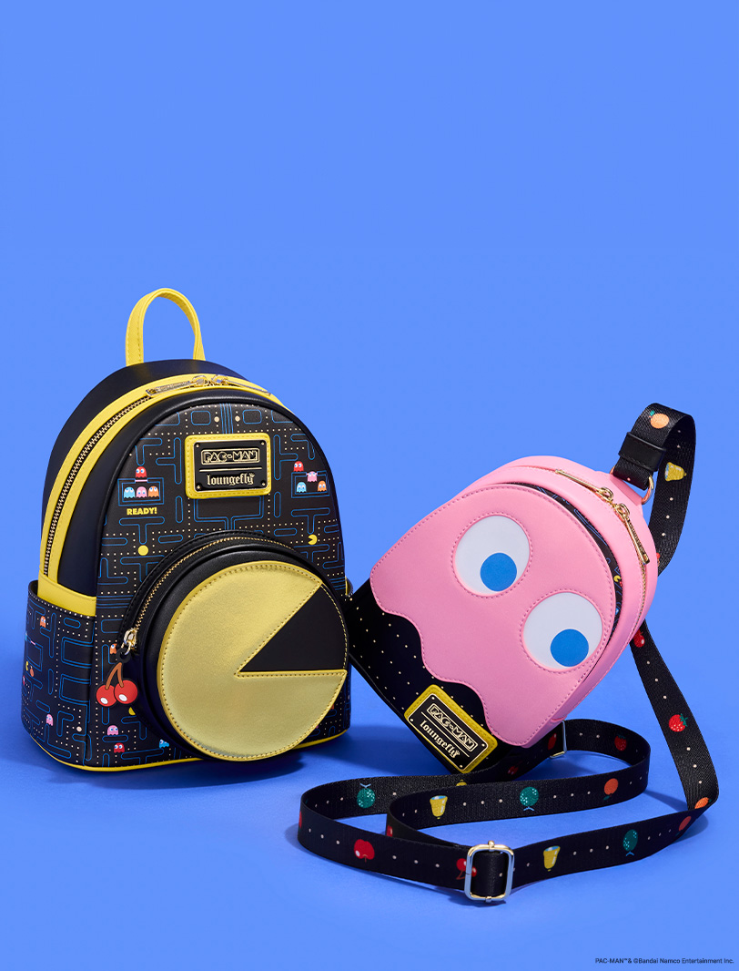 Blue background featuring Pac-man Loungefly accessories