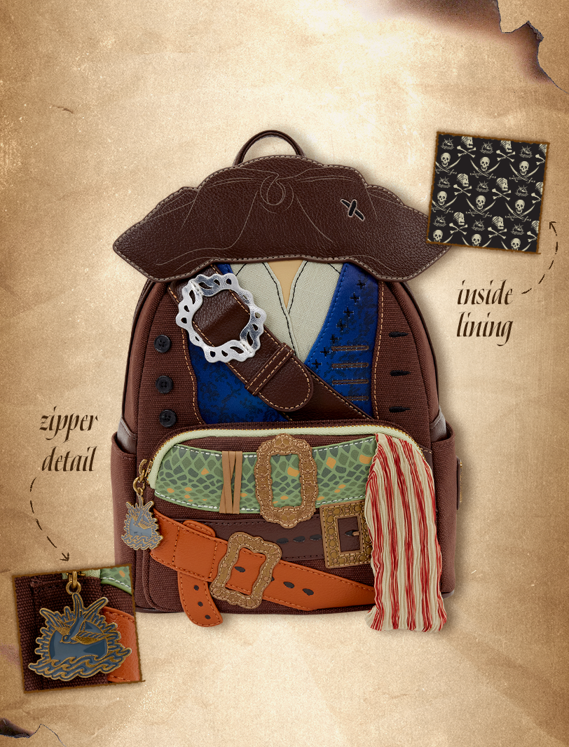 Weathered map paper background with close up of Loungefly Jack Sparrow cosplay backpack. There are super close ups of the zipper detail and inside lining