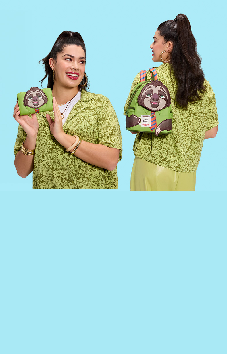 Blue background with model showcasing Loungefly Zootropolisaccessories