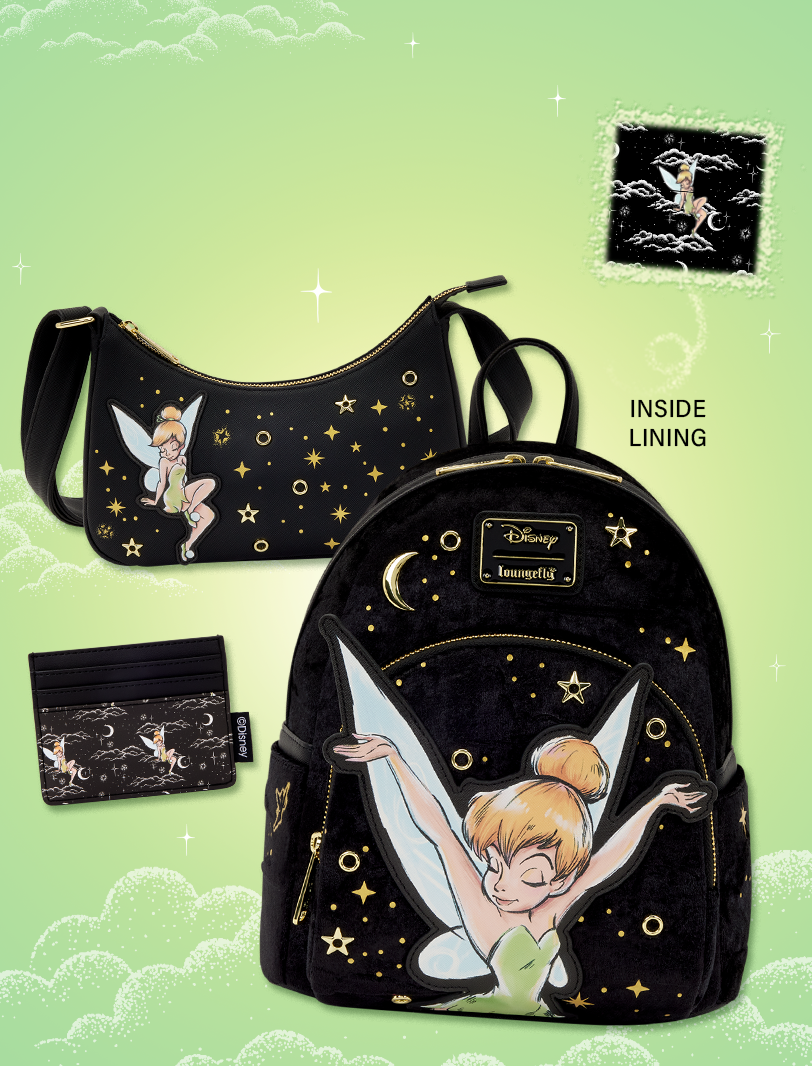Mint green background with whimsical cloud accents. The foreground includes close ups of the Loungefly Tinkerbell collection 