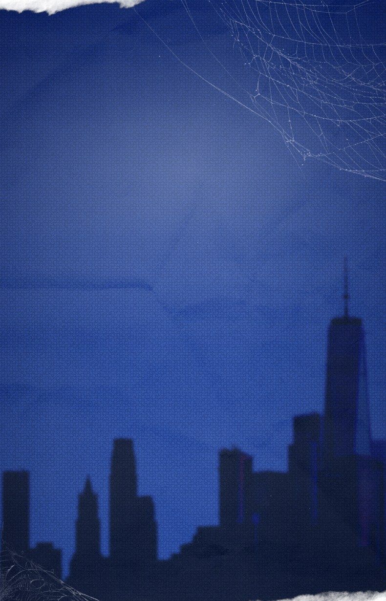City skyline with deep blue sky and spider web in corner