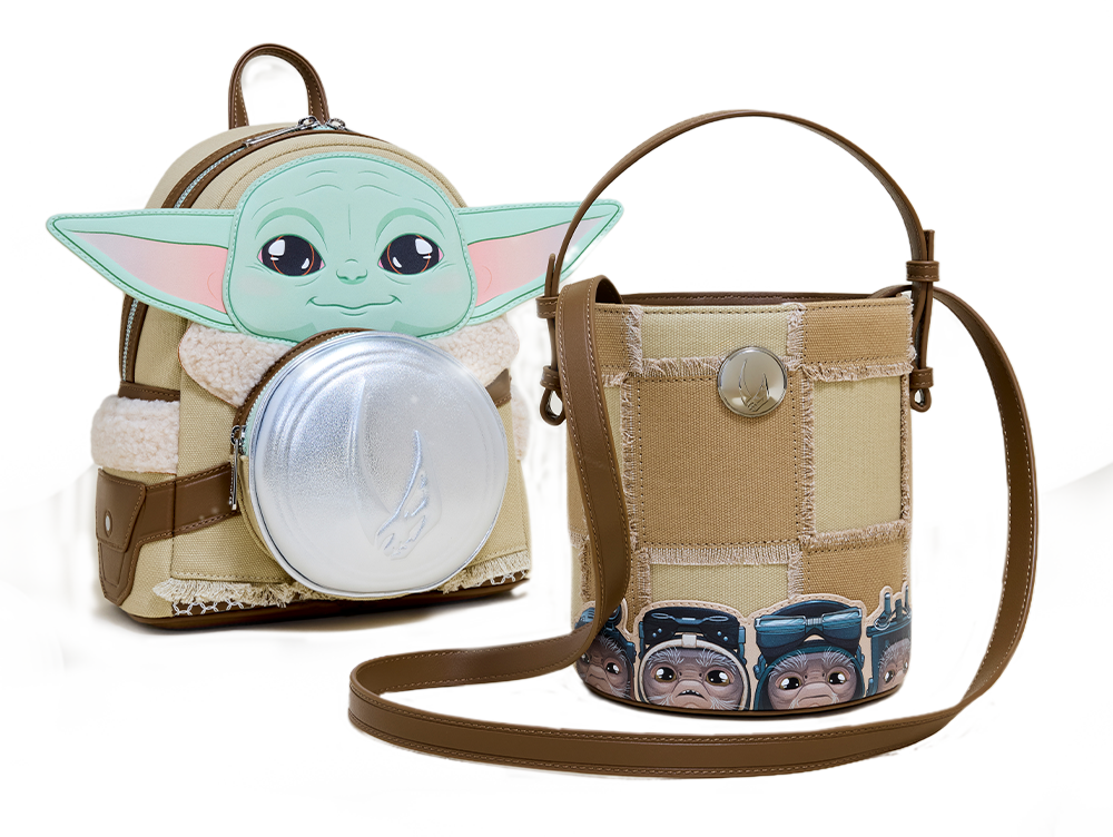 Close up of Mandalorian and Grogu Loungefly accessories