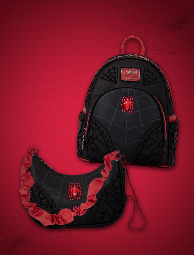 Loungefly Marvel Spider-Man black mini backpack and crescent crossbody bag featuring red spider emblems, web detailing, and red accents inspired by Spider-Man.