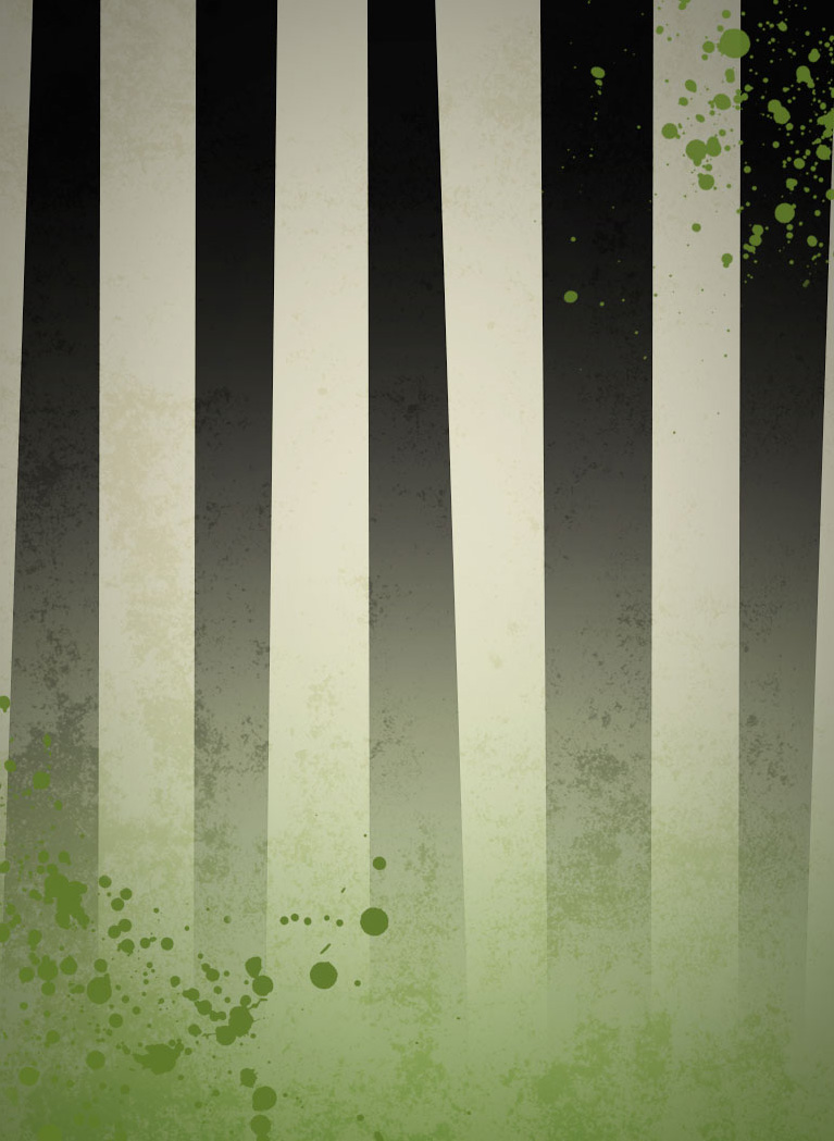 Black and white striped background with green spray effect
