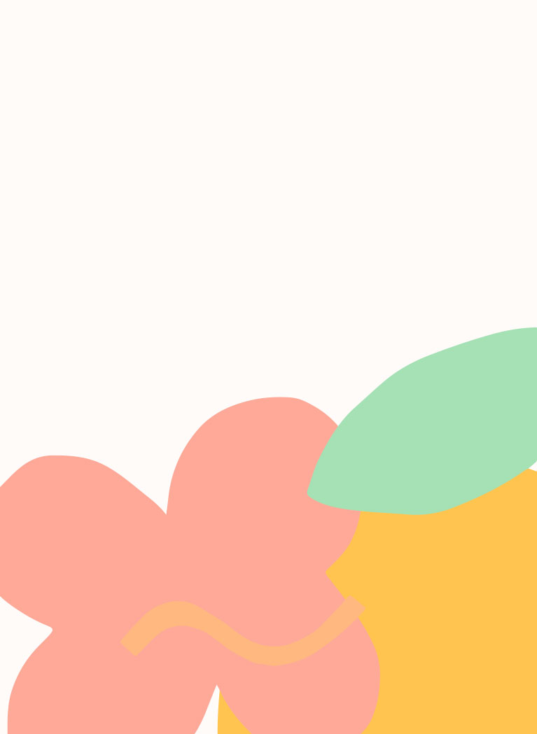 white background with coloured flower shapes in the bottom right corner