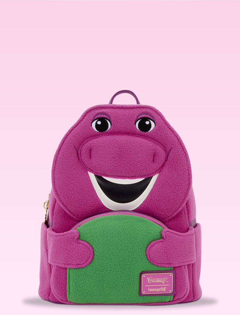 Purple background featuring Loungefly Barney Mini Backpack
