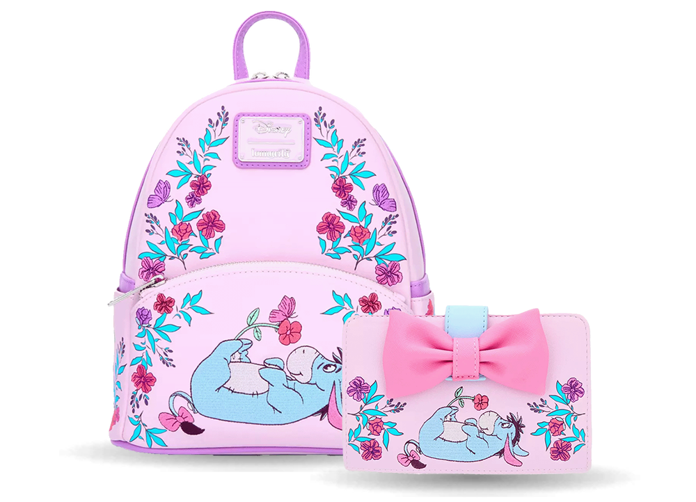 Close up of exclusive floral Eeyore Loungefly Backpack and wallet