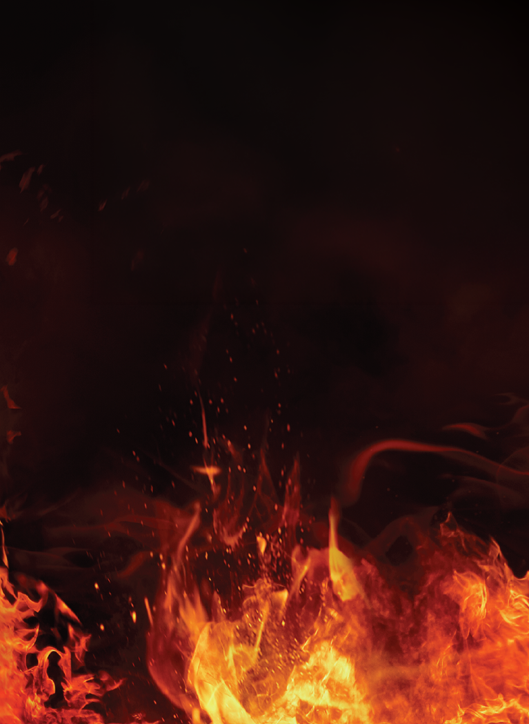 Dark cinematic background with glowing orange flames, sparks, and drifting embers