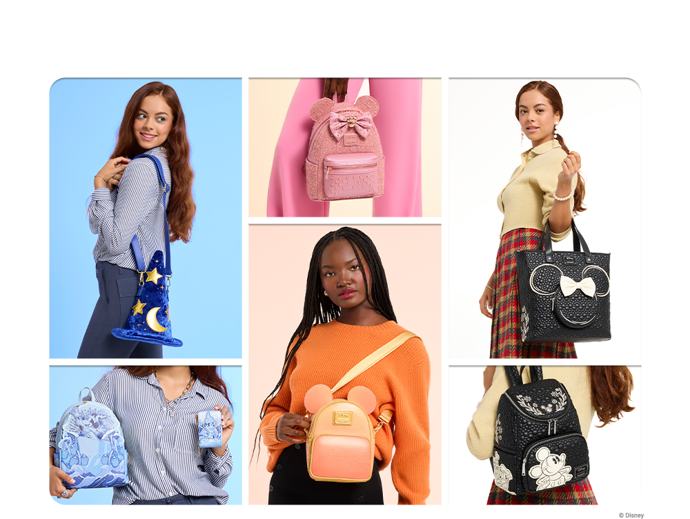 models wearing a selection of Mickey and friends Loungefly accessories