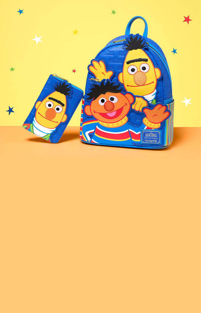 Orange and yellow background with multi colour stars and Sesame Street Bert and Ernie Loungefly Backpack and Wallet