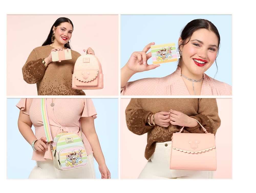 model with various Mickey and Friends Loungefly accessories