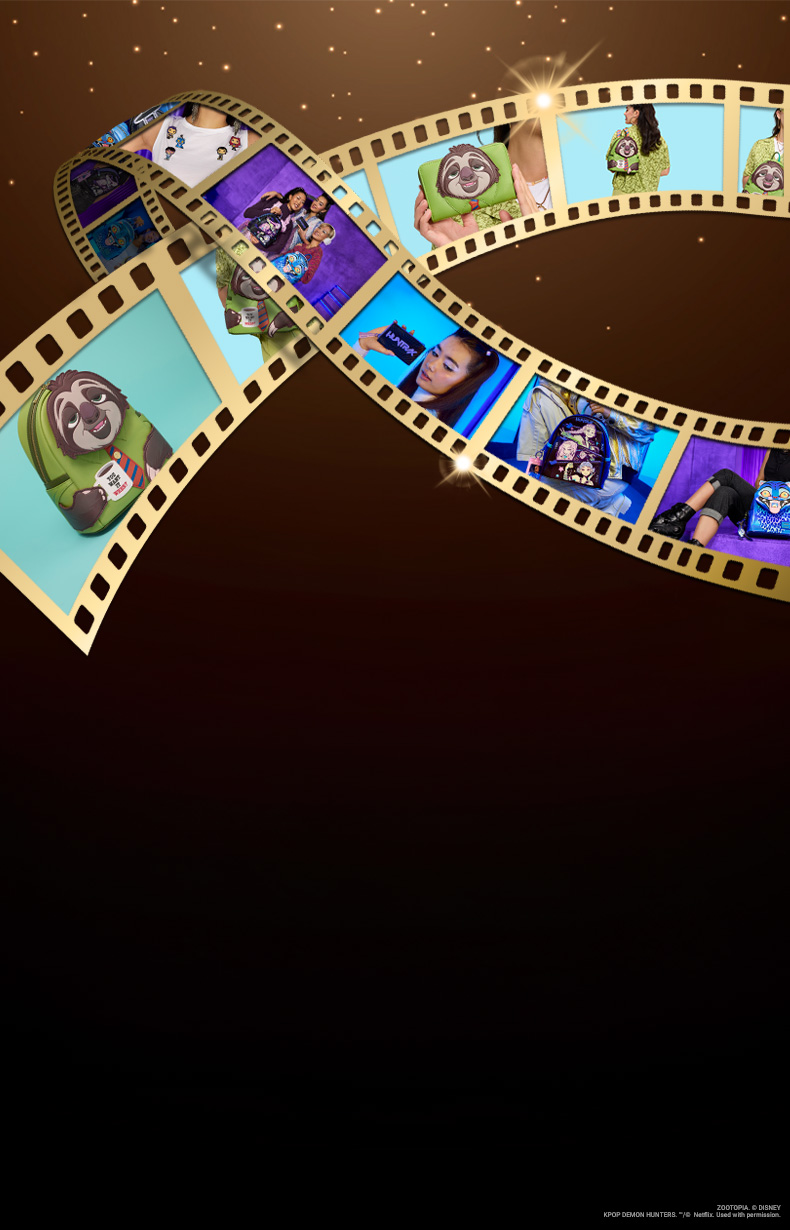 film reel with images of Kpop and Zootropolis Loungefly accessories within the reel.