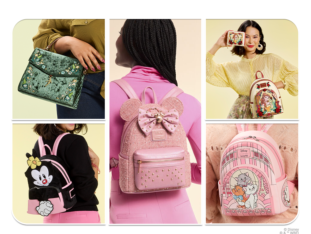 models wearing Loungefly backpacks and crossbodies