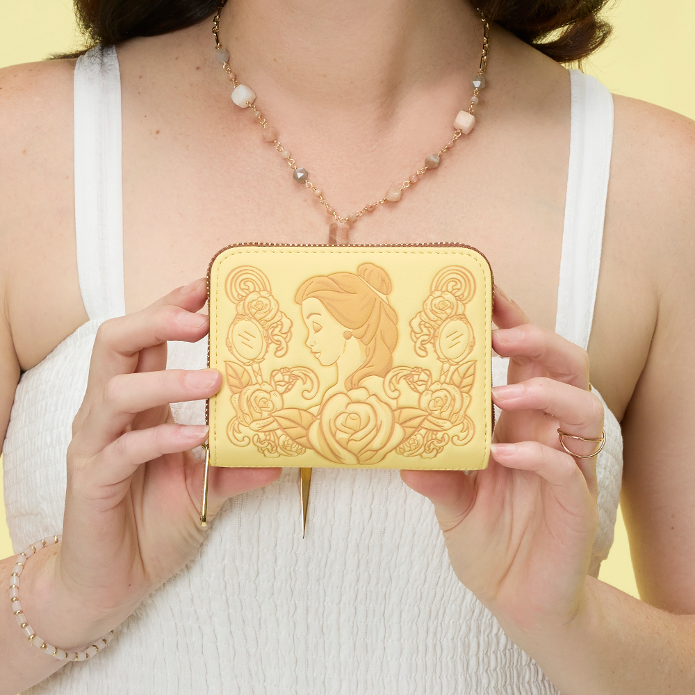 model showcasing Loungefly Belle Beauty and the Beast wallet