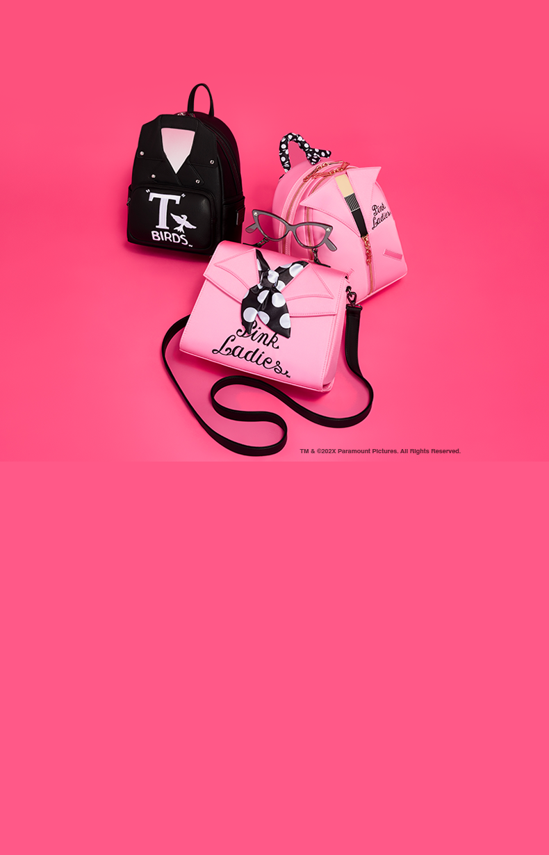 pink background with selection of Loungefly Grease accessories