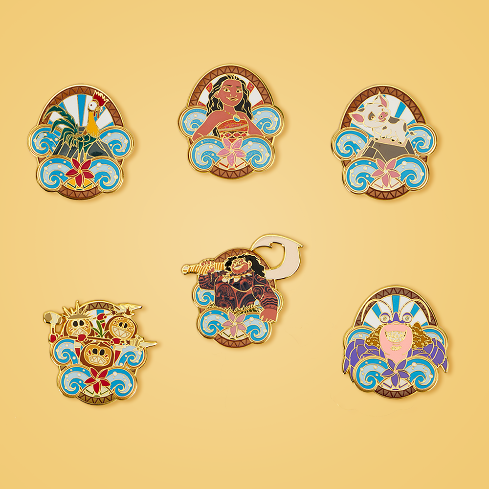 Moana pins against yellow background