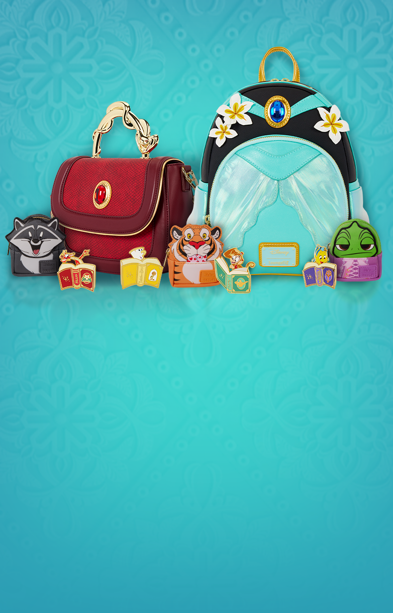 Disney Loungefly collection featuring Princess-inspired mini backpacks, crossbody bags, and character bag charms, including Jasmine, Rapunzel, Pocahontas, Rajah, Meeko, and Flit designs.