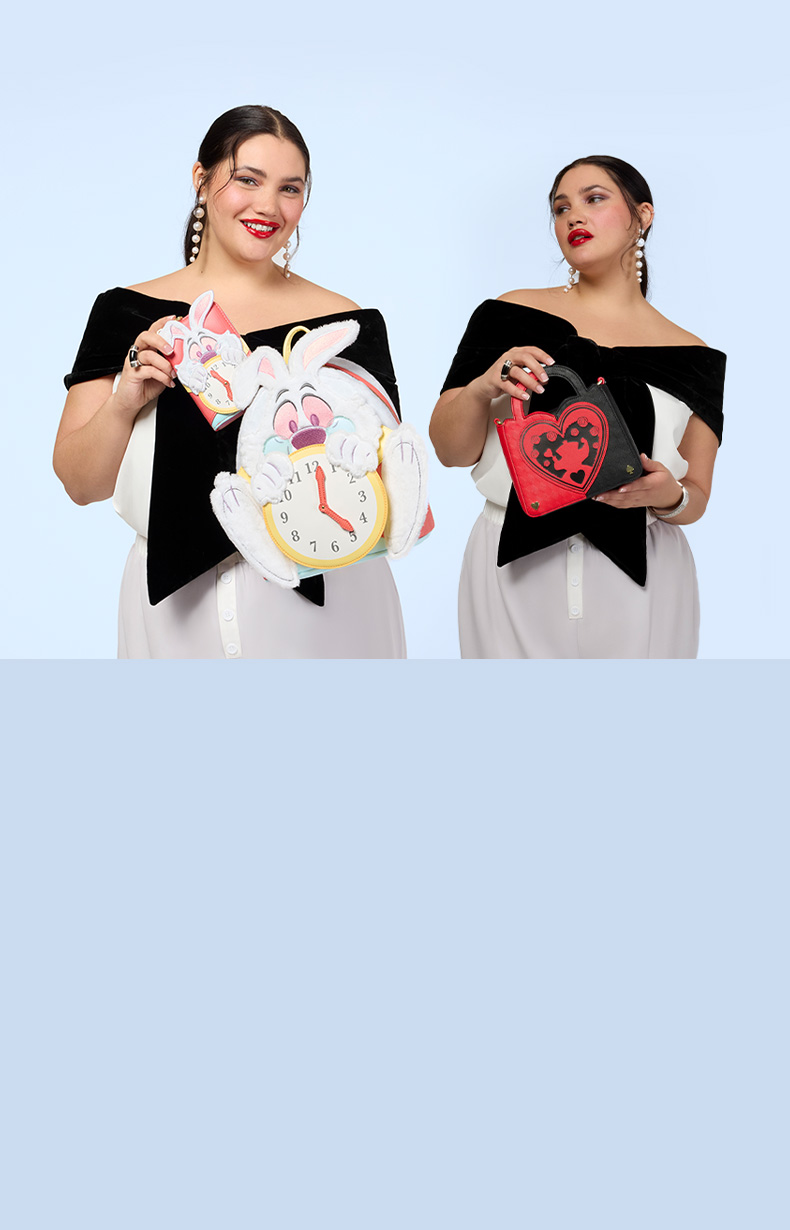 Sky blue background with models holding Alice in Wonderland Loungefly accessories