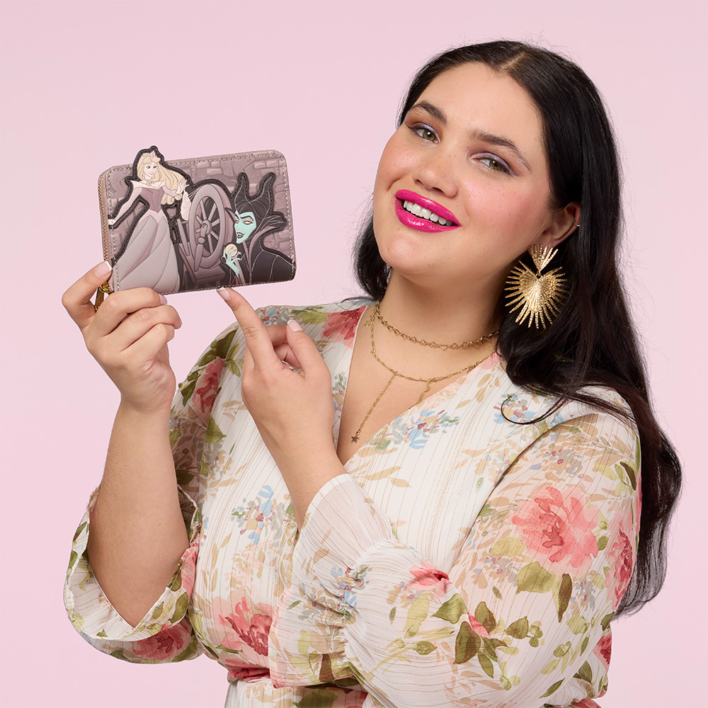 model showcasing Loungefly Sleeping Beauty Wallet