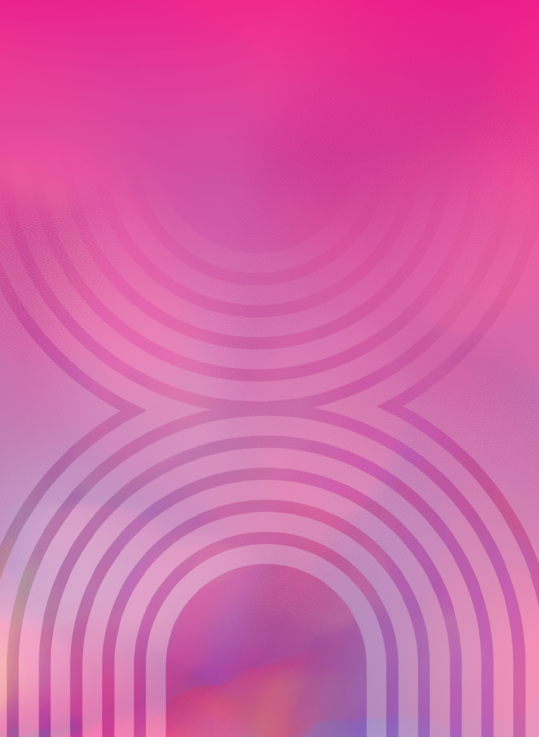 Vibrant pink and purple abstract graphic featuring retro-inspired concentric curved lines and gradient shapes