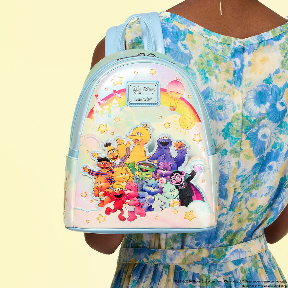 Yellow background with model showcasing Loungefly Carebears and Sesame Street mini backpack