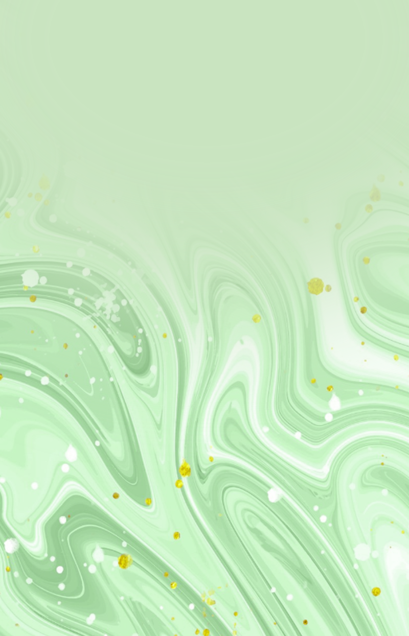 Abstract mint green and white marble swirl background with scattered gold and white paint speckles
