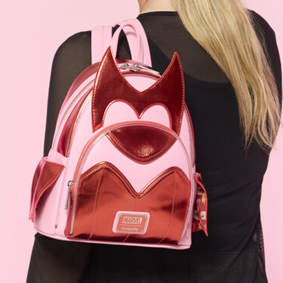 Pink background with model holding Scarlet Witch backpack