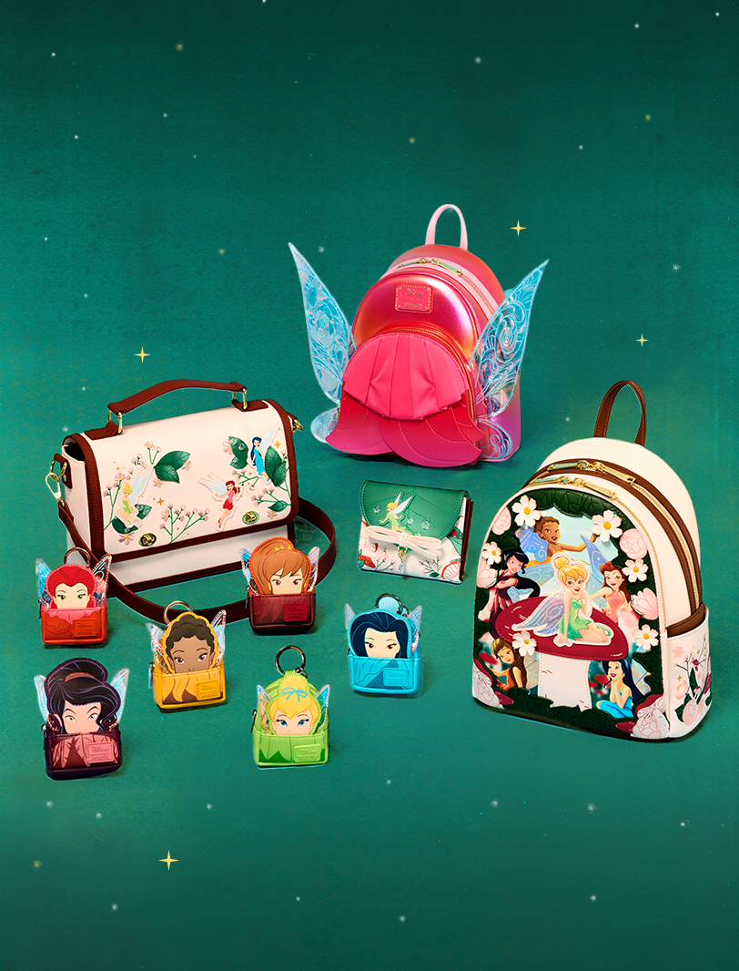 Green night sky background with selection of Disney Fairies Loungefly accessories