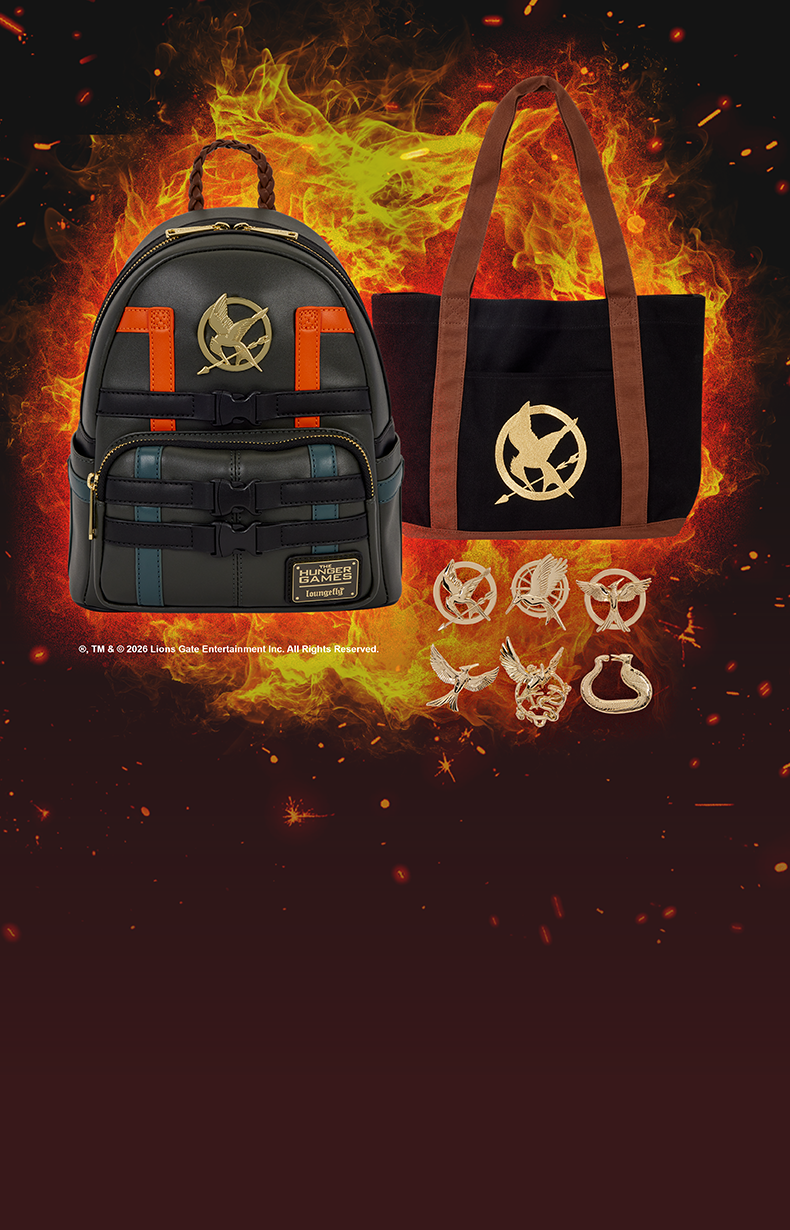 The Hunger Games Loungefly backpack and tote bag featuring Mockingjay emblems and metallic district-inspired symbols against a fiery background.