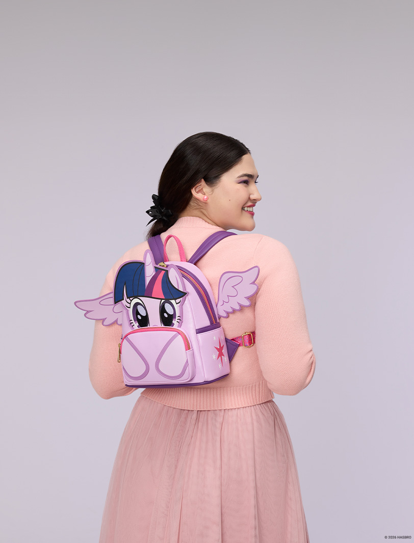 Model displaying My Little Pony Loungefly backpack