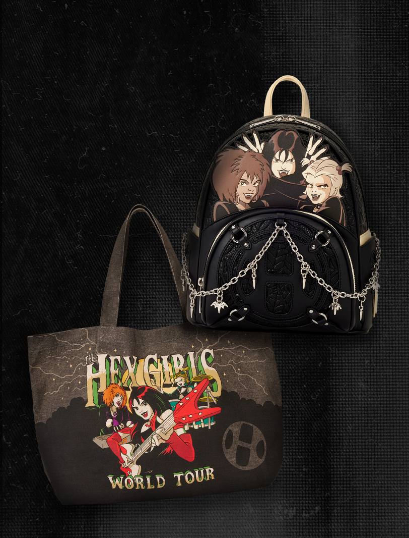 The Hex Girls Loungefly mini backpack and World Tour tote bag featuring the animated gothic rock band.