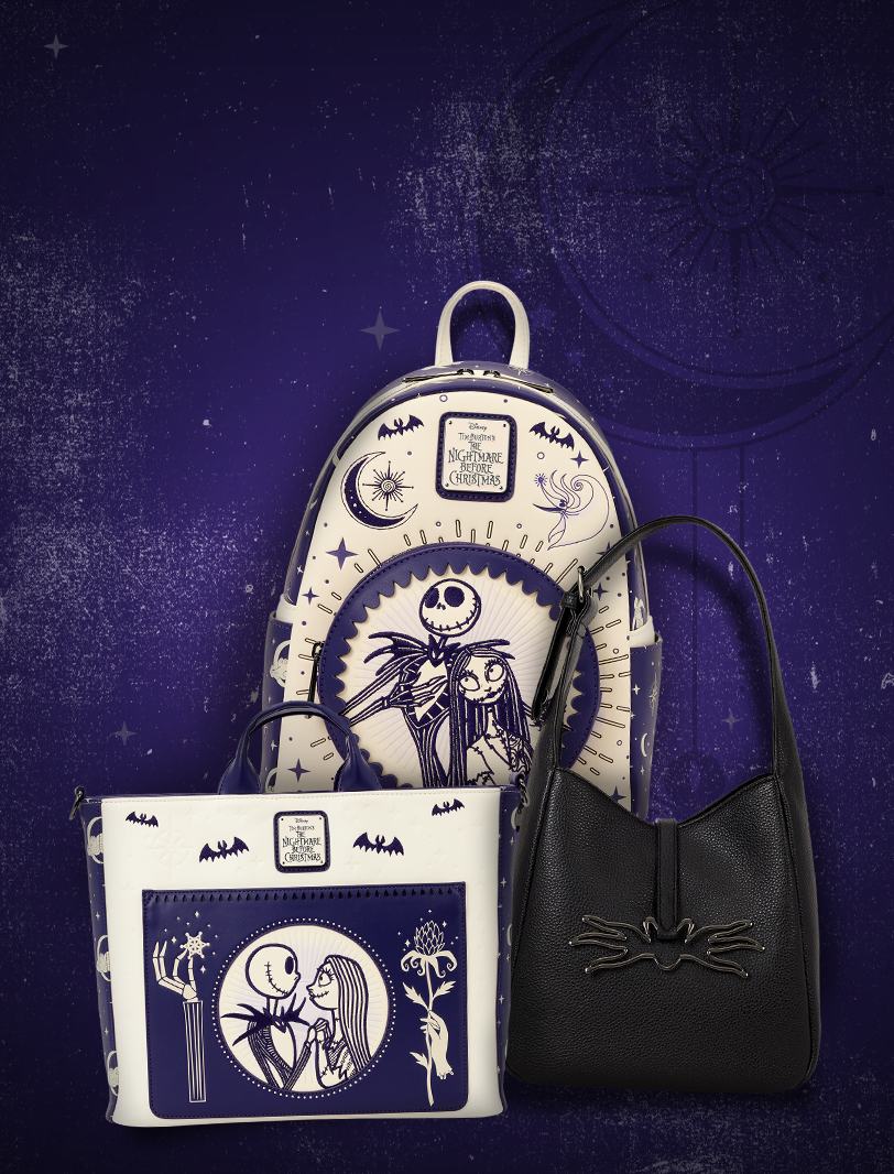 Disney The Nightmare Before Christmas Loungefly backpack and handbags featuring Jack Skellington, Sally and spooky artwork.