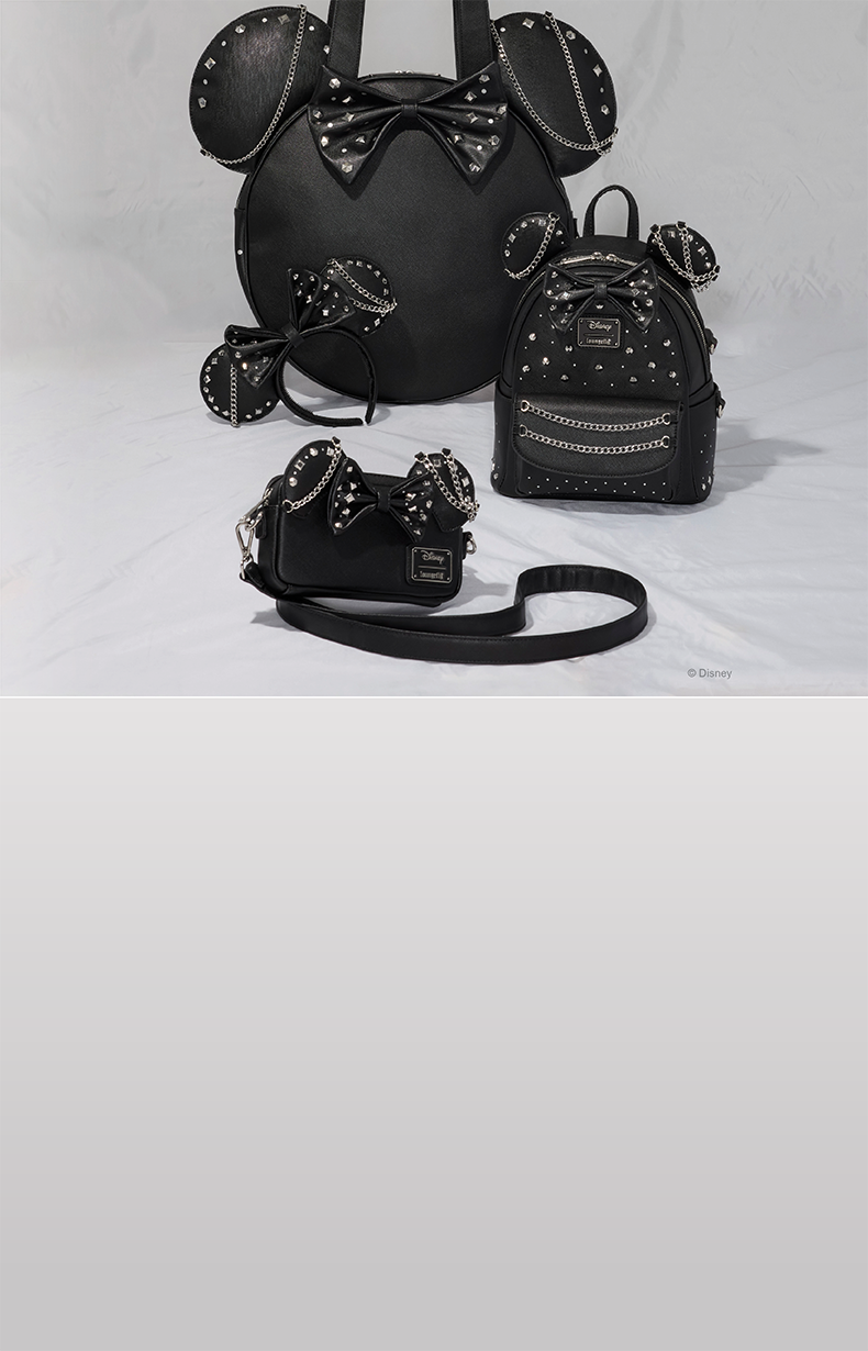 Black Disney Minnie Mouse Loungefly bags with silver studs, chains and bow details.