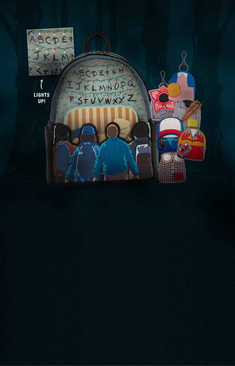 Black background with selection of Loungefly Stranger Things accessories