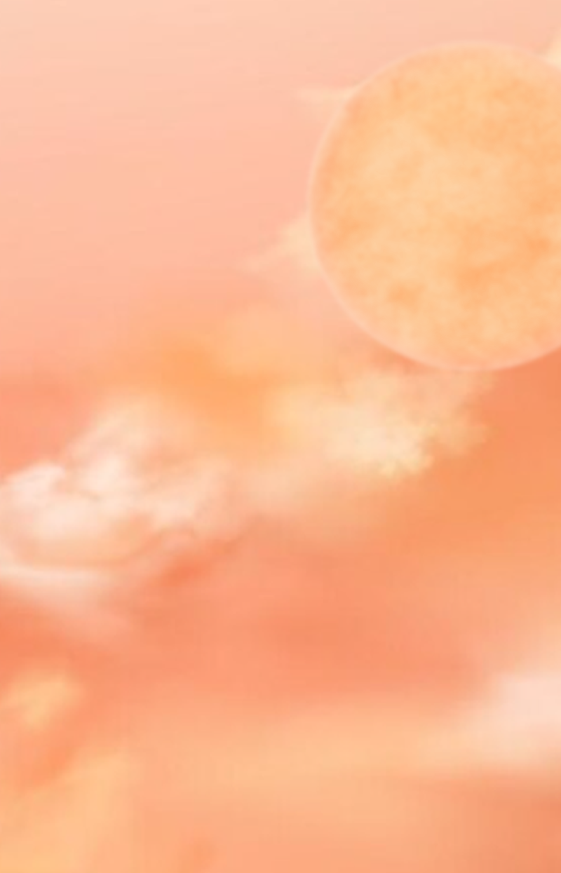 Dreamy peach sky with soft clouds and a glowing sun in warm pastel tones.