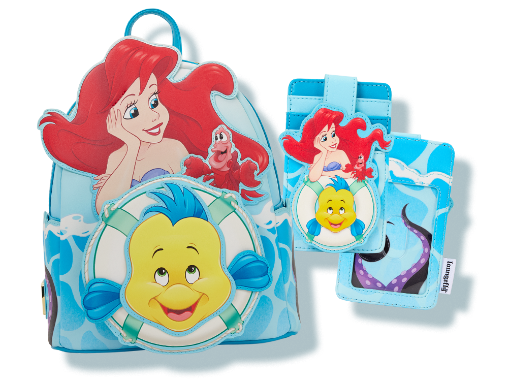 Close up of Disney Little Mermaid Loungefly Backpack and cardholder