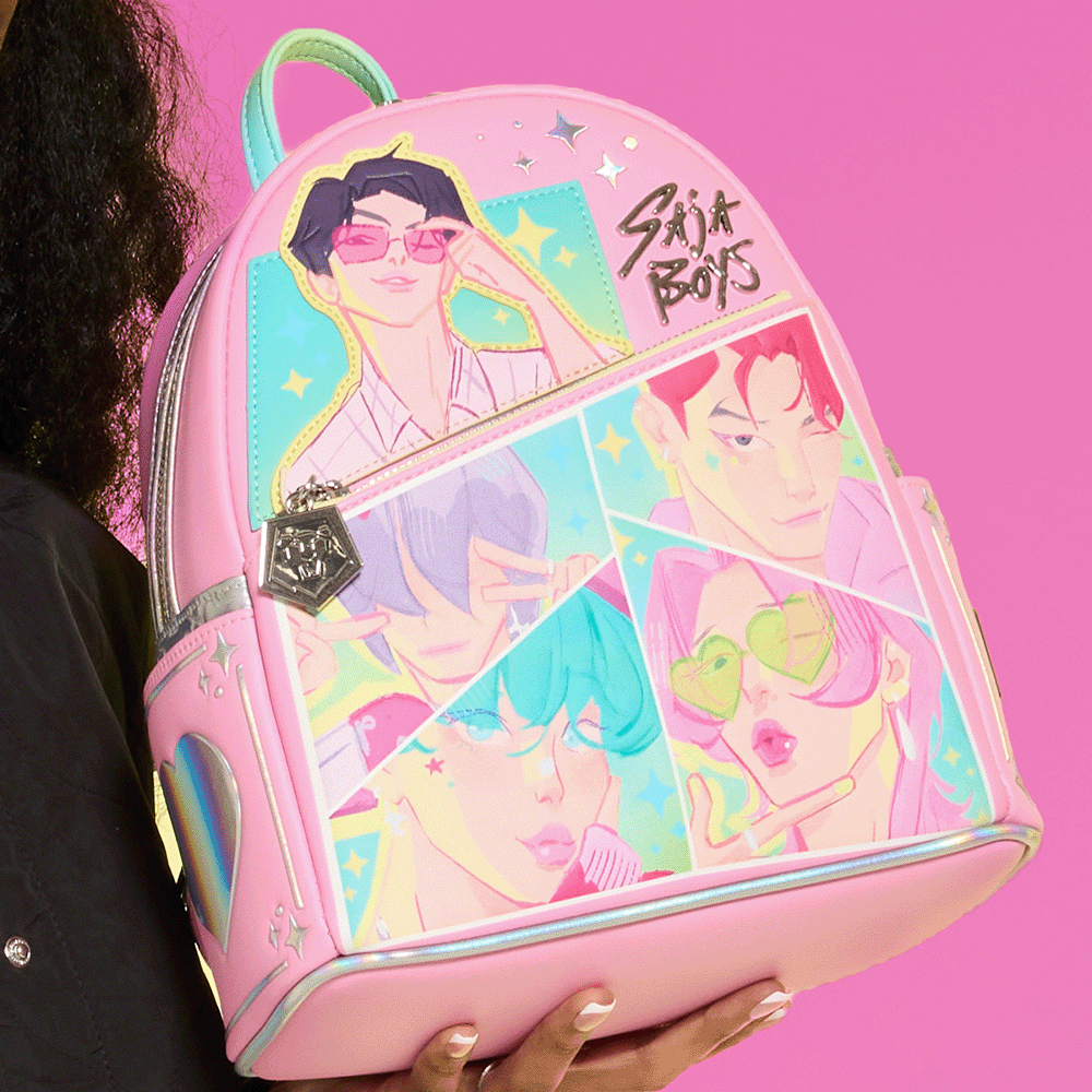 Purple background with Saja Boys Kpop Demon Hunters Backpack