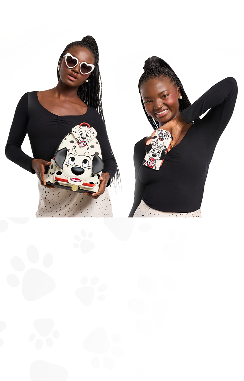 white background with paw prints and model showcasing Dalmatians Loungefly accessories