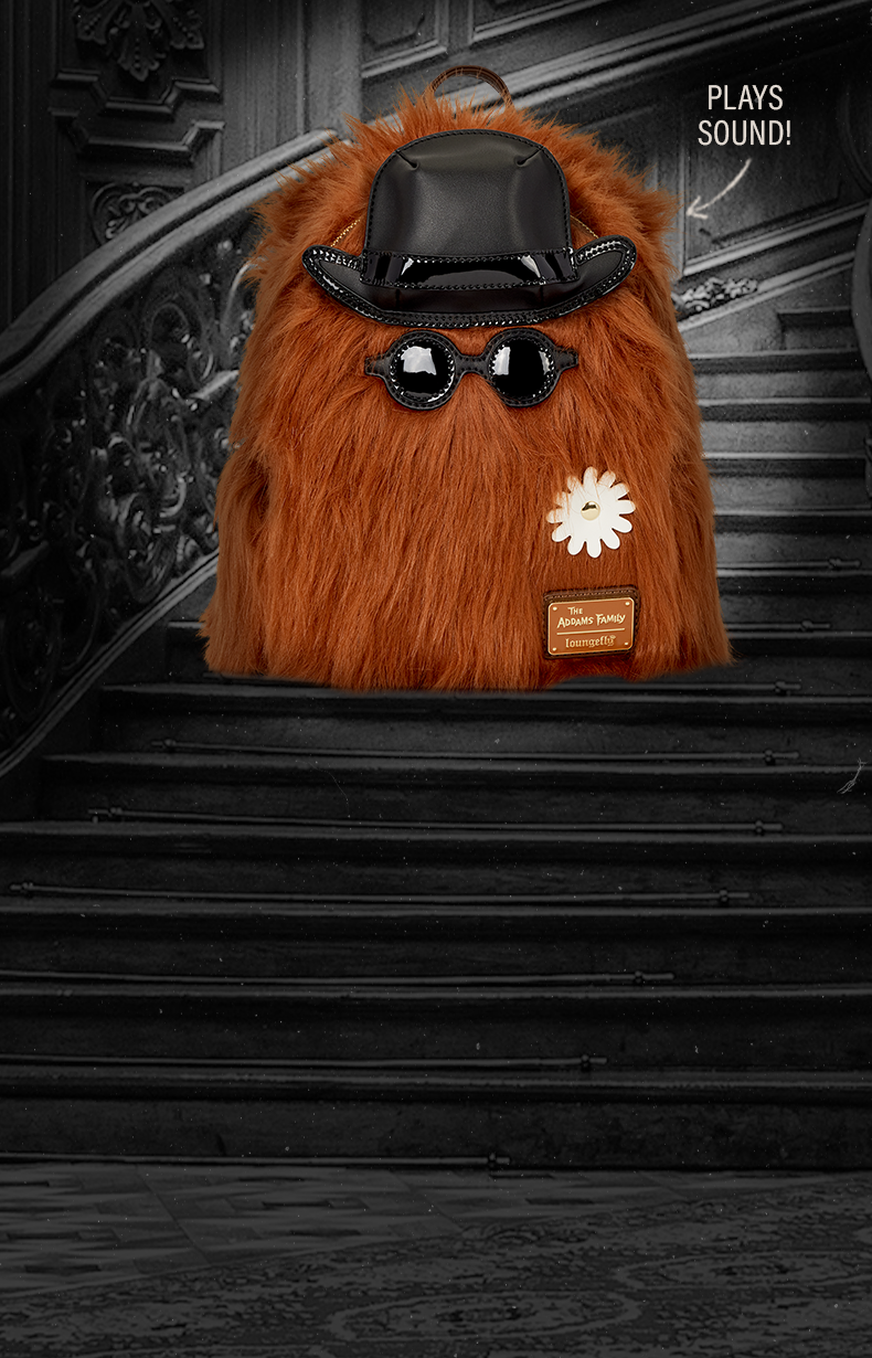 The Addams Family Cousin Itt Loungefly mini backpack with faux fur, bowler hat, sunglasses and poison bottle strap detail.
